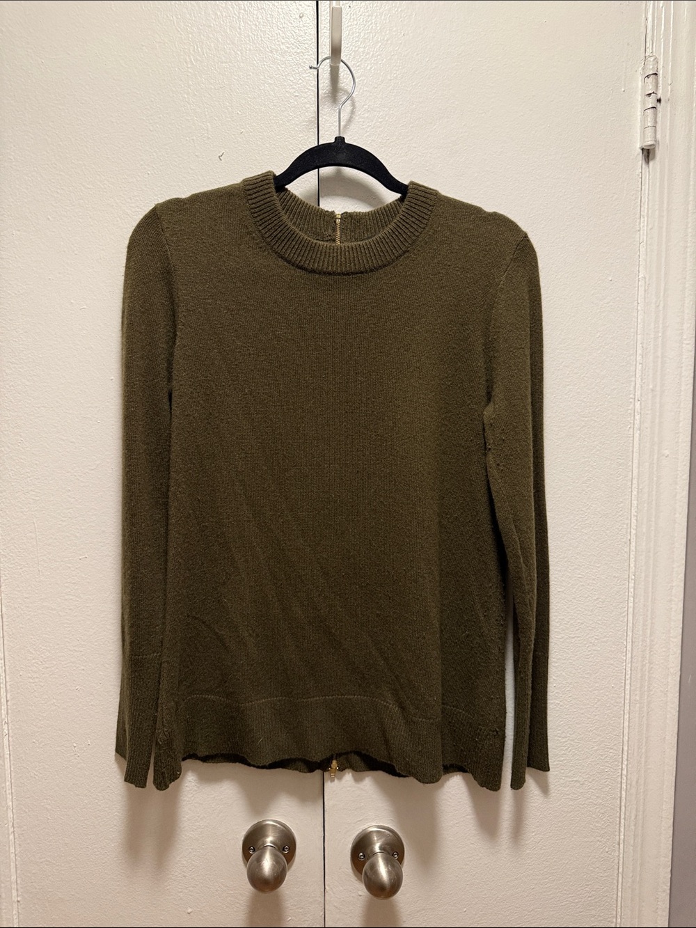 J. Crew Olive Green Crewneck Sweater with zipper detail on back